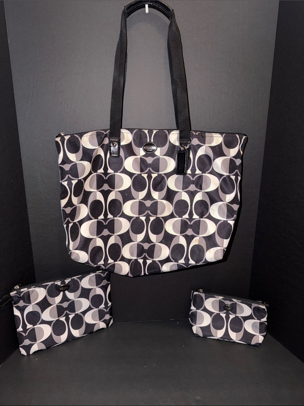 Coach Black & White Signature Tote with 2 Matching Pouches